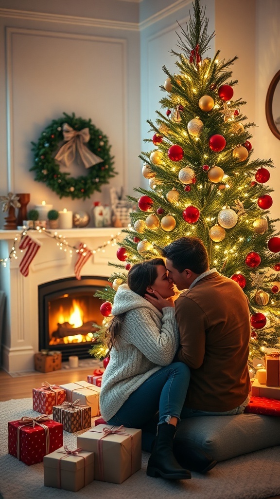 A loving couple by a Christmas tree, embracing in a warm and festive setting.